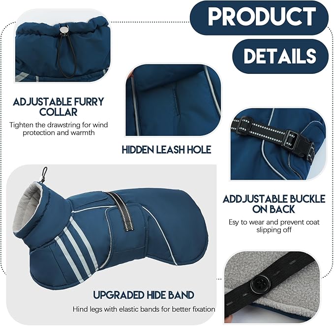 Warm Dog Coat, Reflective Adjustable Dog Jacket, Furry Turtleneck Winter Coat Thicken Dog Fleece Vest, Waterproof Windproof Dog Cold Weather Coats with Buckle for Puppy Small Medium Large Dogs