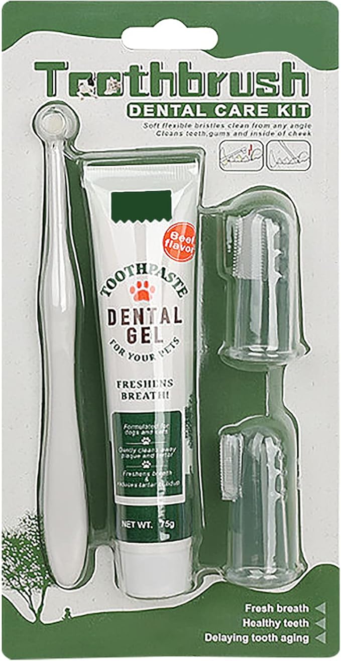 Pet Dog Tooth Brushing Kit - Dog Finger Toothbrush, 360° Toothbrush & Beef Flavor Toothpaste for Dogs Puppy Cats Teeth Oral Cleaning, Fresh Breath, Reduces Plaque & Tartar Buildup Dental Care Kit