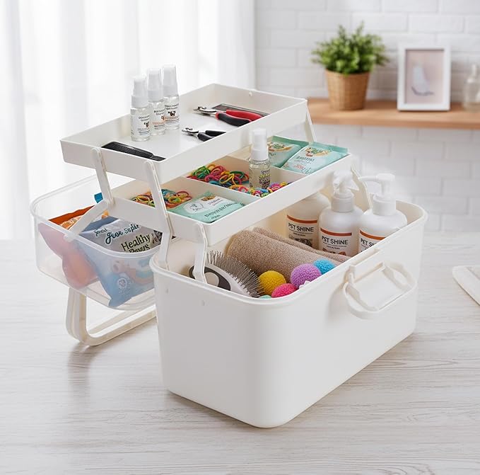 3-Tier Dog First Aid Kit box,Small Pet First Aid Kit Bin Empty,Medicine Box for Puppy Cat,Medic Organizer with Built in Handle,Family or Dogs Travel Camping Emergency Tool Set