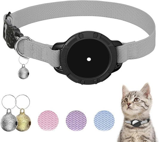 AirTag Cat Collars, Stretchy Collar with Apple AirTag Holder and Bell, Breakaway Ultra Design Elastic GPS Tracking Collars for Cats and Puppies, (7.5-12.5 Inch), Gray
