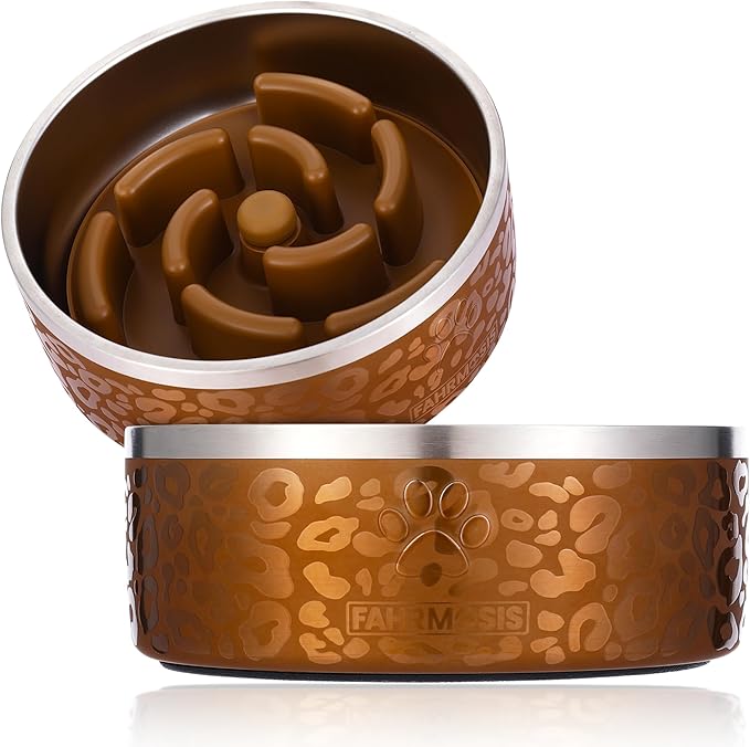 FAHRMOSIS 32 Oz Dog Bowl with Slow Feeder Insert Stainless Steel Pet Water Bowl for Medium & Large Breed Non Slip Rubber Base & Plastic Puzzle Feeder - Gold Leopard