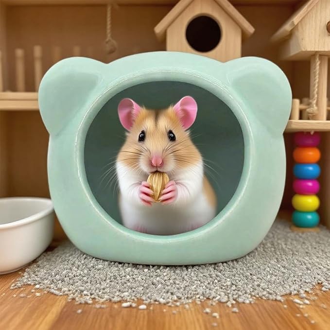 Cool Hamster House Small Animal Habitat Décor, Bear-Shaped Mini Ceramic Hamster Hideout Cave for Dwarf Hamsters (Green, S)