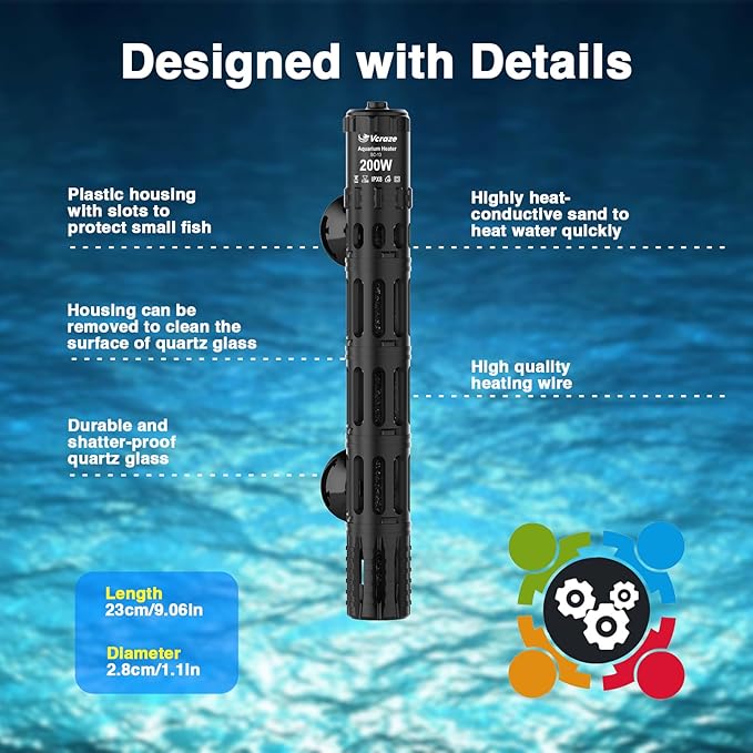 Aquarium Heater 200W, Submersible Fish Tank Heater with LED Digital Display, Auto Power-Off When Leaving Water & High Temp Protection, for Fresh and Salt Water Tanks 20-40 Gal