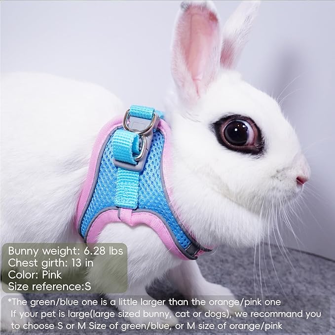Rabbit Harness and Leash Set Escape Proof, Adjustable Soft Padded Vest, Breathable Mesh Bunny Harness with Reflective Strap, Safe for Small Animals(Orange,S)