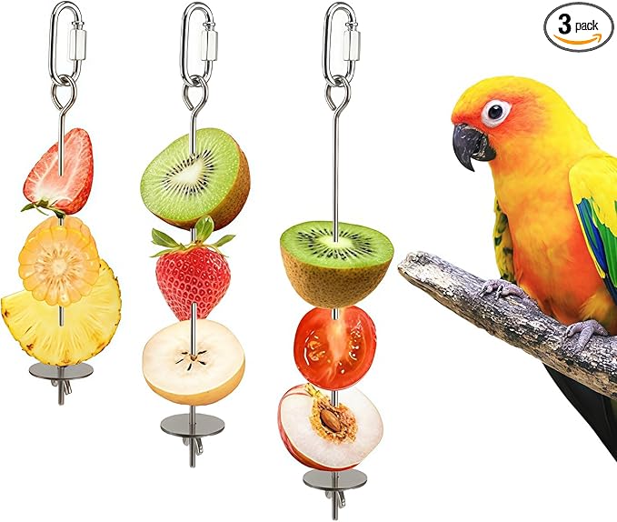 3 Pcs Bird Cage Food Holder Stainless Steel Parrot Fruit & Vegetable Skewer Hanging Foraging Toy for Parakeets, Budgies, Macaws