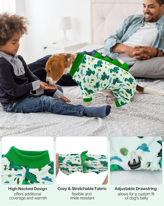 CuteBone Dinosaur Costume Dog Pajamas, Stretchy Spandex Crystal Velvet Sleepwear Coat for Small Dogs, Soft & Warm Pet Outfit Clothes for Cold Weather, Cozy Pullover Design COSP16L