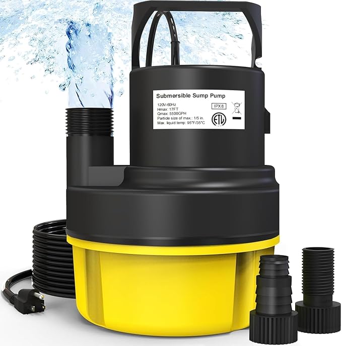 Submersible Sump Pump, 1HP 3200GPH Portable Water Pump Clean Dirty Water, Utility Pump with 25 FT Cord for Swimming Pool, Boats, Garden, Basement, Flood, Ponds