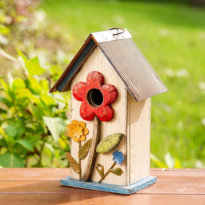 Glitzhome Hanging Bird House for Outdoor,10.2" H Patio Garden Decorative Birdhouse Pet Cottage Wooden Distressed Birdhouse with 3D Flowers for Bluebird,Hummingbird,Sparrow,Wren Finch, Washed White