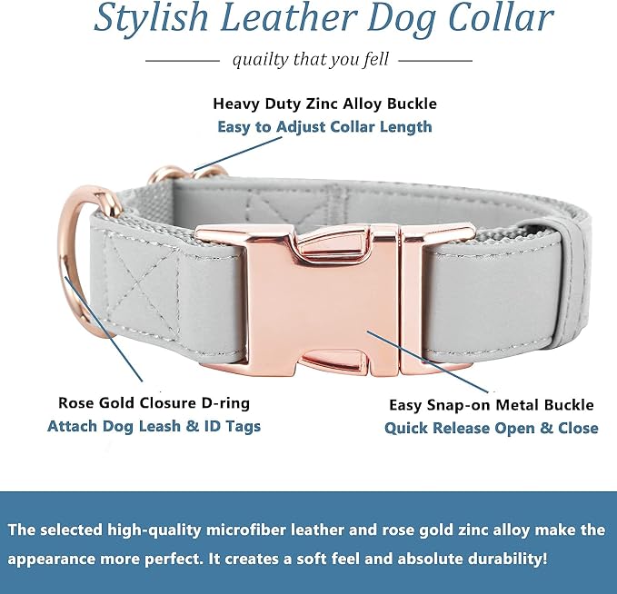 Dog Collar and Leash Set.Soft and Easy to Clean Vegan Leather with Rose Gold Metal Buckle for Small Medium Large Dogs (Grey, S(12.2"-16.9"))