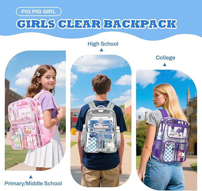 PIG PIG GIRL Clear Backpack for School,Heavy Duty PVC Transparent Bookbag for Girls Stadium Approved See Through Backpack