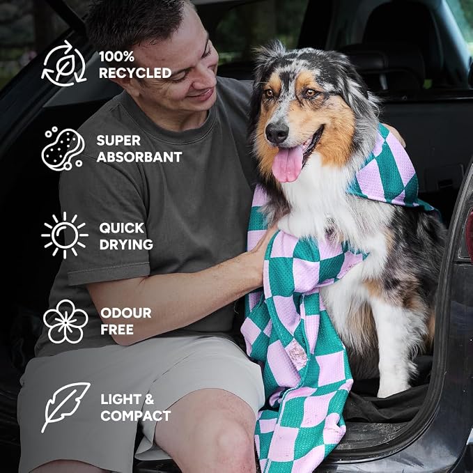 Dock & Bay Pet Towel - Super Absorbent & Quick Drying Dog Towels with Bag - 100% Recycled - Check Mutt, Medium (90x50cm, 35x19)