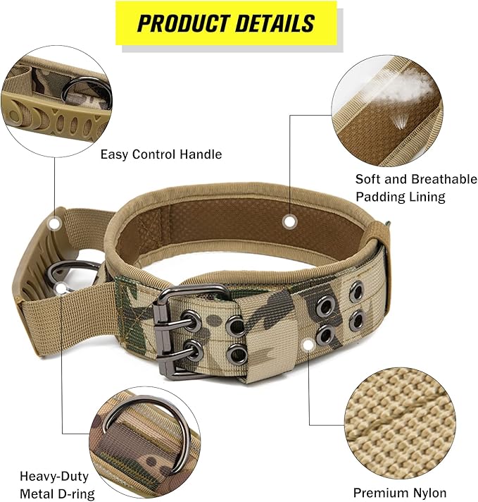 Tactical Dog Collar with Handle - Military Adjustable Dog Training Collar Soft Nylon and Heavy Duty Metal Buckle for Medium Large Dogs - with Patch (Camo with Patch, X-Large)
