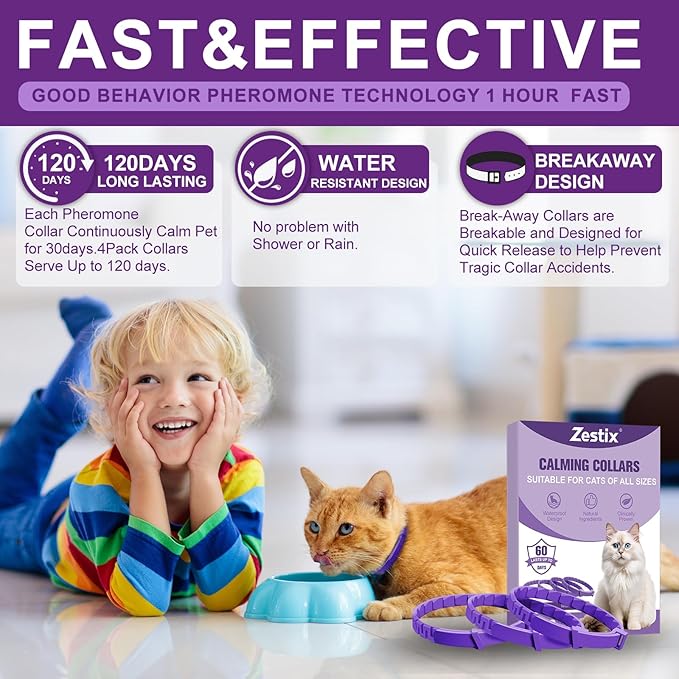 Cat Calming Collar with Pheromone & Lavender, Adjustable Waterproof Design, 30-Day Anxiety Relief, 4-Pack for Multi-Cat Stress & Travel
