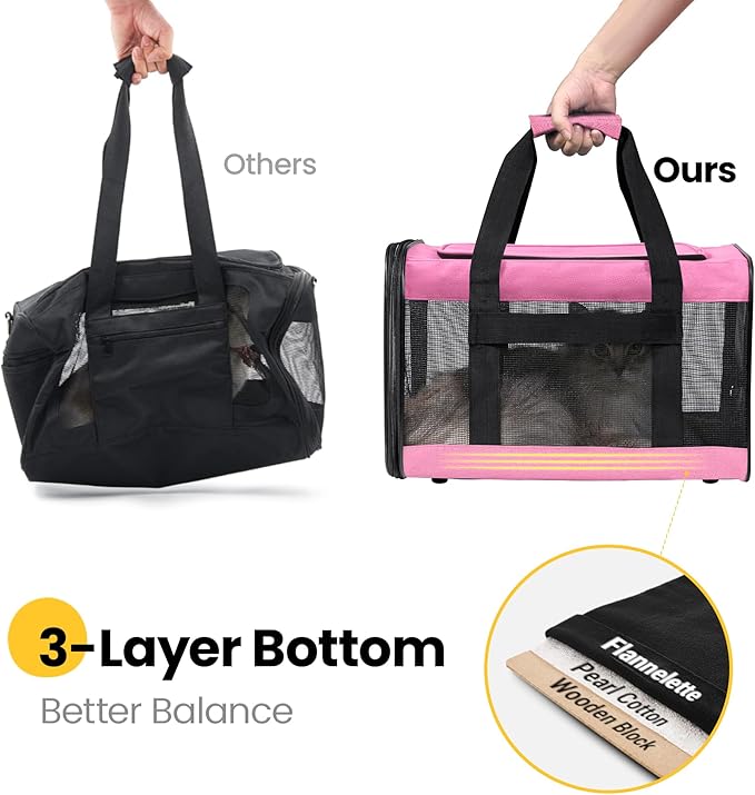 Conlun Cat Carrier Airline Approved, Soft-Sided Dog Carrier with Inner Safety Leash, Pet Transport Carrier for Small-Medium Cats Puppies up to 15 Lbs, Collapsible Travel Kitten Carrier Bag -Pink M