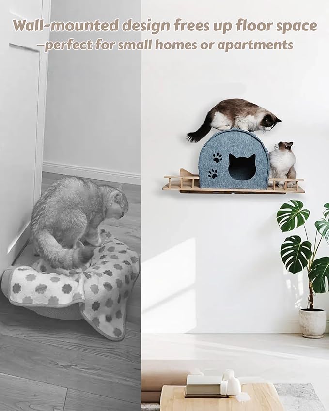 Wall Mounted Cat Shelf Bed – Large Felt Cat Furniture with Dual Entrances & Solid Wood Base, Floating Perch for Indoor Cats, Wall Shelves & Modern Furniture,Gray