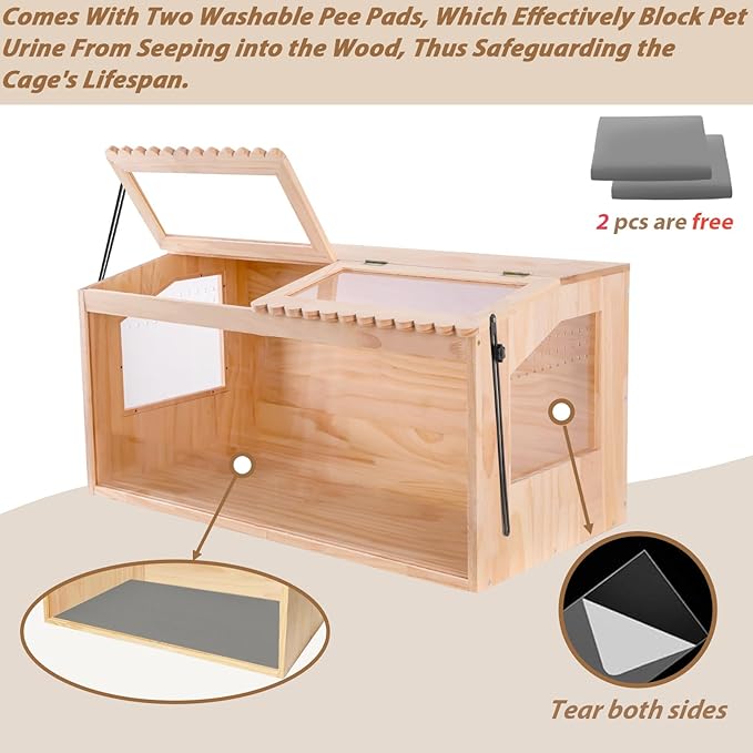 Wooden Hamster Cage,40" Lx20 Wx16 H,Large Hamster Cage,2 Washable Liners & 2 Adjustable Ventilation Window. Small Animal Cage for Dwarf Syrian Hamsters Degus Mice & Other Small Pets.