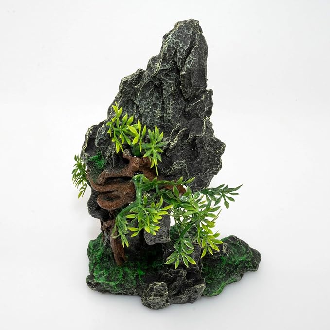 Aquarium Mountain View Stone Ornament, Large Resin Hideout Cave for Betta & Shrimp, Fish Tank Decor Rock Cave with Fish Cave and Hideouts (7.28" x 4.13" x 13.58")