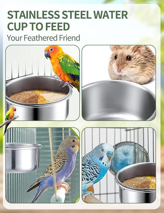 2Pack Stainless Steel Bird Feeding Bowls,Small Bird Feeding Cup Stainless Steel Parrot Food Bowl,Cage with Holder Parrot Cage Water Feeder for Pet Cage Cup Holder/Bird Owners