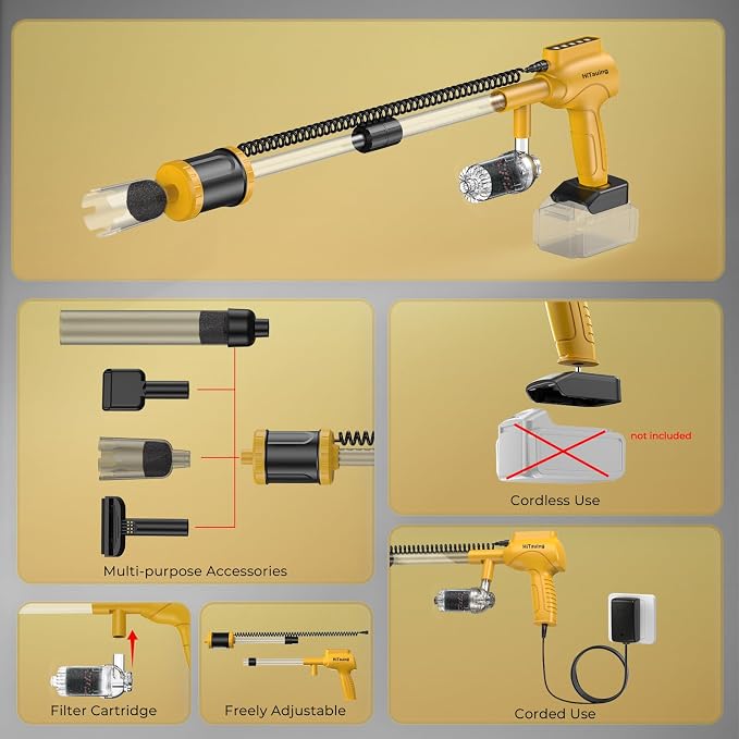 HiTauing Aquarium Gravel Cleaner, Cordless/Corded 6 in 1 Electric Fish Tank Vacuum Cleaner Compatible with Dewalt 20V Battery, 3 Adjustable Power, Automatic Water Change for Freshwater and Saltwater