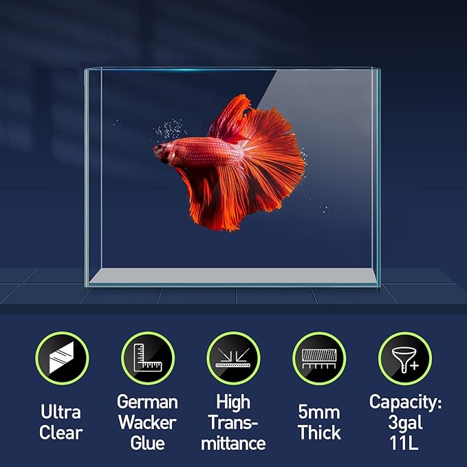 LAQUAL 3 Gallon Ultra Clear Glass Fish Tank, Rimless Low Iron Aquarium for Betta/Nano/Goldfish/Snail/Shrimp, Small Fish Tank with Fish Net & Cleaning Tools