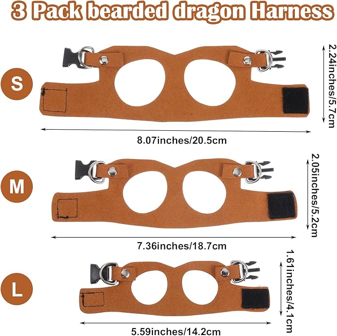 4 PCS Harness and Leash Set, Adjustable Soft Leather Bearded Dragon Leash and Harness Set for Small Animals, Reptiles, Squirrels, Rats (Brown, Black, Silver)