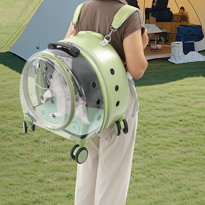 Cat Carrier with Wheels, Breathable Cat Rolling Carrier with Telescopic Handle, Bubble Cat Backpack Carrier, Pet Travel Bag for Small Dogs Pets, up to 19lbs, 15.7" x 10.6" x 17.7" (Green)