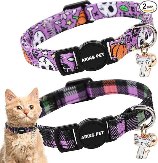 ARING PET 2 Pack Cat Collars-Cute Cat Collar Breakaway with Bell & Pendant, Adjustable Purple Halloween Kitten Collars with Safety Buckle for Girl and Boy Cats
