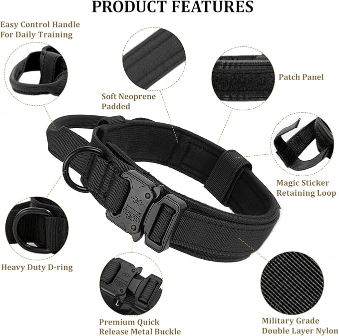 Tactical Dog Collar with Handle - Military Adjustable Dog Training Collar Soft Nylon and Heavy Duty Metal Buckle for Medium Large Dogs - with Patch (Black, Medium)
