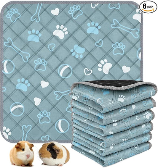 6 Packs Washable Guinea Pig Cage Liners with with Paw Print, Waterproof Guinea Pig Pee Pads Reusable Absorbent Bedding Anti Slip Mats for Small Animals Bunny Rabbit Hamster (Blue, 12 x 12in)