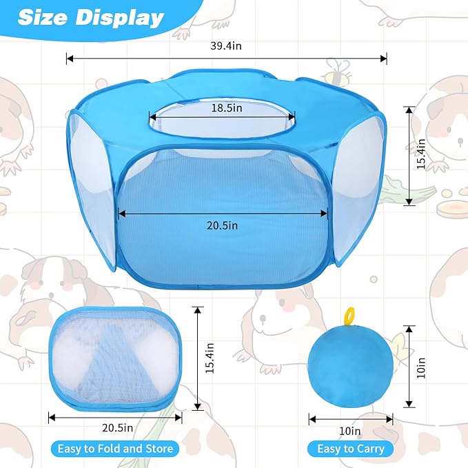 Rypet Collapsible Small Animal Cage Tent, Breathable Fabric Guinea Pig Playpen with Cover, Transparent Hamster Playpen Portable Pet Yard Exercise Fence for Reptile Rabbit Chinchilla Hedgehog(Blue)