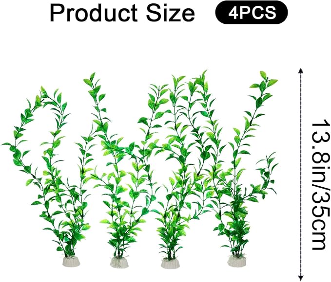 4 Pack Silk Aquarium Plants 13.8 Inch Plants for Fish Tank | Decorations Artificial Plastic Habitat Decor Small To Moderate Size Safe Green for Tank, Goldfish, Fish Hides