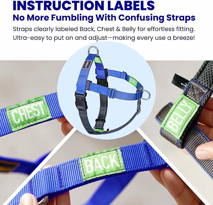 Freedom No Pull Dog Harness for Large Dogs, Front Clip, Easy Walker, Anti Pull with Two Stainless D-Rings, Comfortable, Sewn-in Instructions Tags for Easy Use (Blue, XXL)