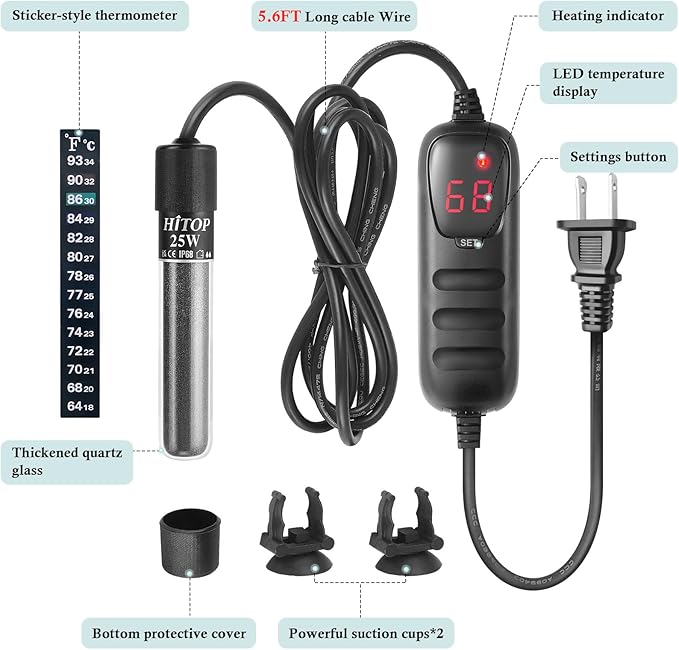 HITOP Mini Submersible Aquarium Heater -50W Digital Heater for Fish Tank Turtle Tank, for Saltwater and Fresh Water with Temperature Controller
