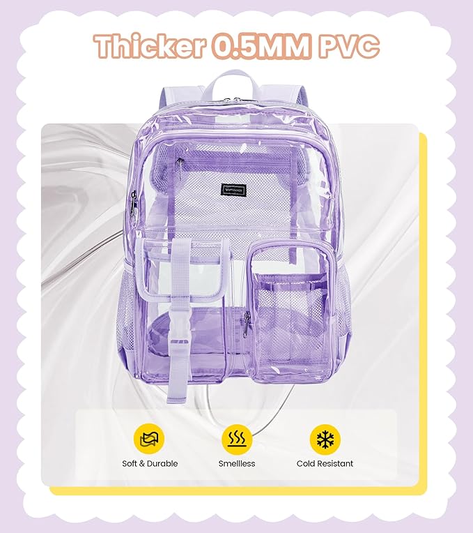 Vorspack Clear Backpack for School - Heavy Duty Transparent Bookbag for Girls Boys Large See Through backpacks for Work, College, Travel - Purple