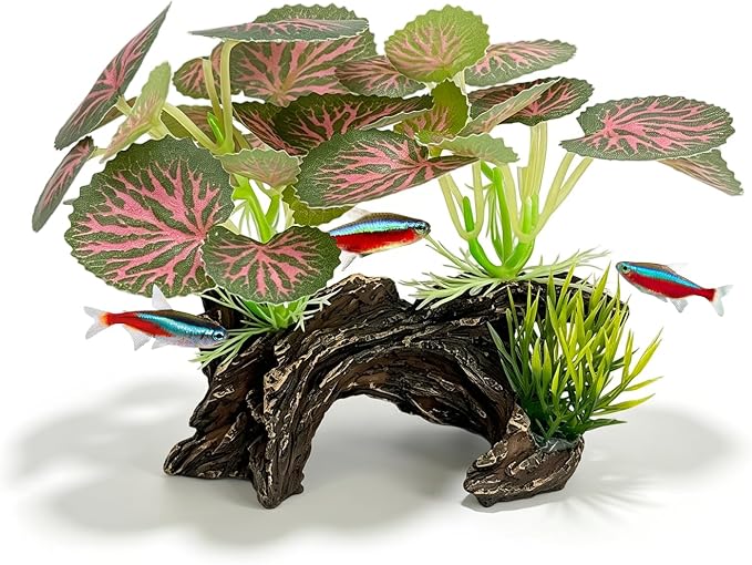Silk Aquarium Plants with Artificial Driftwood | Soft silk plants with resin driftwood, safe for fish, lifelike, durable, fits small & large tanks, maintenance-free.