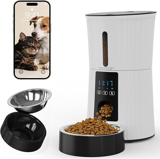 NEWBULIG Automatic Cat Feeder, 4L Timed Pet Feeders with 10s Voice Recorder, Dog Food Dispenser with APP Control, Dry Food, 10 Meals, Programmable 50 Portions, Dual Power Supply, Desiccant Bag