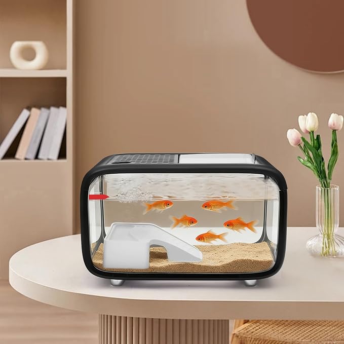 Desktop Fish Tank, 3.17 Gal Modern Aquarium Kit, Fish Bowl with Clear View Cover, Top Feeding Hole and Built-in Climbing Frame, for Small Aquatic Pets, Turtles, Shrimp Home Office Use