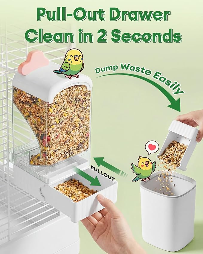 Bucatstate Automatic Bird Feeder Self Cleaning Large Capacity No Installation Required with Waste Drawer for Parrots Budgies Cockatiels Canaries and Small Birds (White)