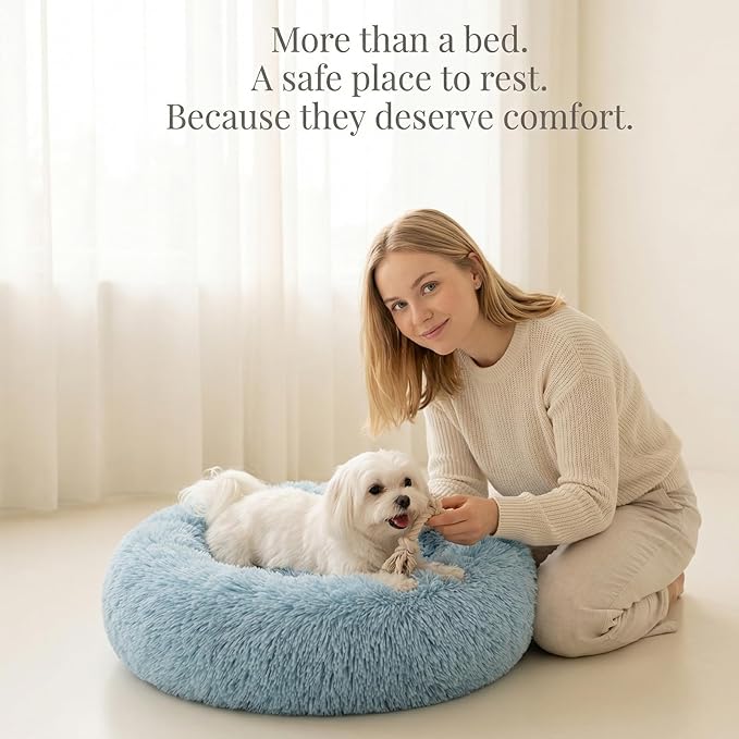 Calming Donut Dogs Beds for Small Dogs Washable,23inch Plush Round Pet Bed for Cozy Sleep,Fluffy Faux Fur Large Cat Bed,Fits up to 25 lbs Pets,Washed Blue