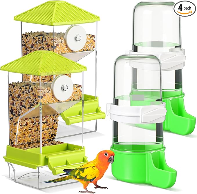 Yaomiao 4 Pcs No Mess Small Bird Feeders Automatic Parakeet Water Dispenser Clear Quail Feeder and Watered Cage Accessories for Small and Medium Parakeet Cockatiel Canary(Assorted,Green)