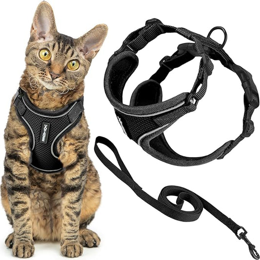 Voyager Escape-Proof Step-in Lock Cat Harness & 5ft Neoprene-Handle Leash Set All-Weather Mesh with Reflective Stitching for Small to Large Cats by Best Pet Supplies, Black (327), M