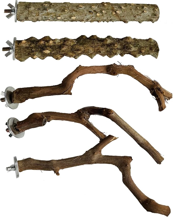 5 PCS Natural Wooden Parrot Stand Bird Perch Stand Grape Stick Hanging Multi Branch Perch for Parrots, Bird Cage Accessories