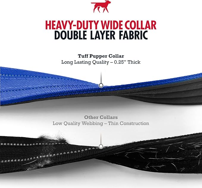 Tuff Pupper Heavy Duty Tactical Dog Collar | 1.5" Wide Ballistic Nylon | Reflective Stitching | Integrated ID Tag Holder | Stainless Steel Buckle | Padded Lining | Medium & Large Dogs (Blue, Medium)