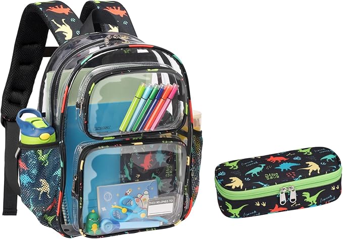 Bagseri 2pcs Clear Backpack for Boys - 15 Inch School Bag with Matching Pencil Case, Heavy Duty Transparent Bookbag for Kindergarten to Grade 2, Fits Folders, Black Dinosaur
