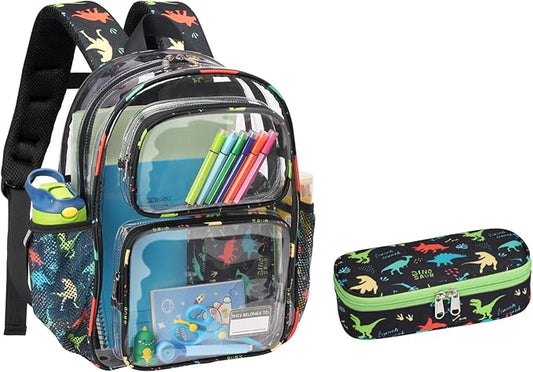 Bagseri 2pcs Clear Backpack for Boys - 15 Inch School Bag with Matching Pencil Case, Heavy Duty Transparent Bookbag for Kindergarten to Grade 2, Fits Folders, Black Dinosaur