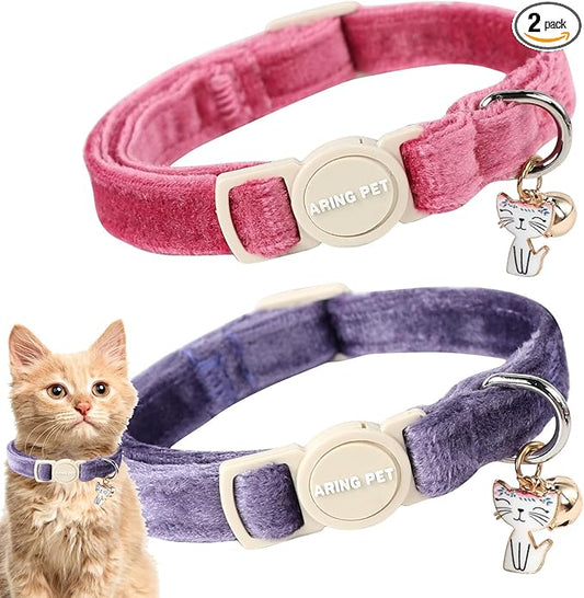 ARING PET 2 Pack Cat Collars-Cute Breakaway Cat Collar with Bell & Pendant, Adjustable Velvet Purple&Rose Red Kitten Collars with Safety Buckle for Girl and Boy Cats