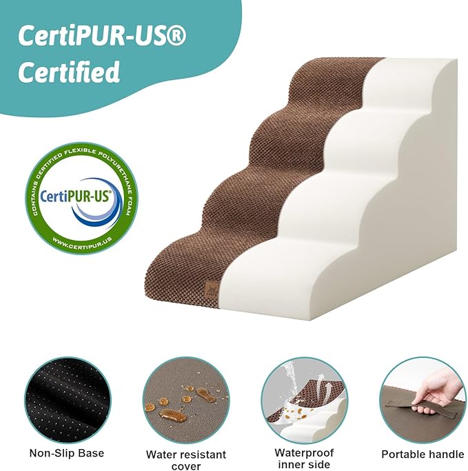 COZY KISS Dog Stairs for Small Dogs 19.7" H, Curved Dog Step for Puppy, Older or Cat, Medium Pet Ramp for Sofa, Couch or Bed, Ladder with High Density Foam, 4 Step, 15.7x28.3x19.7 inch, Brown