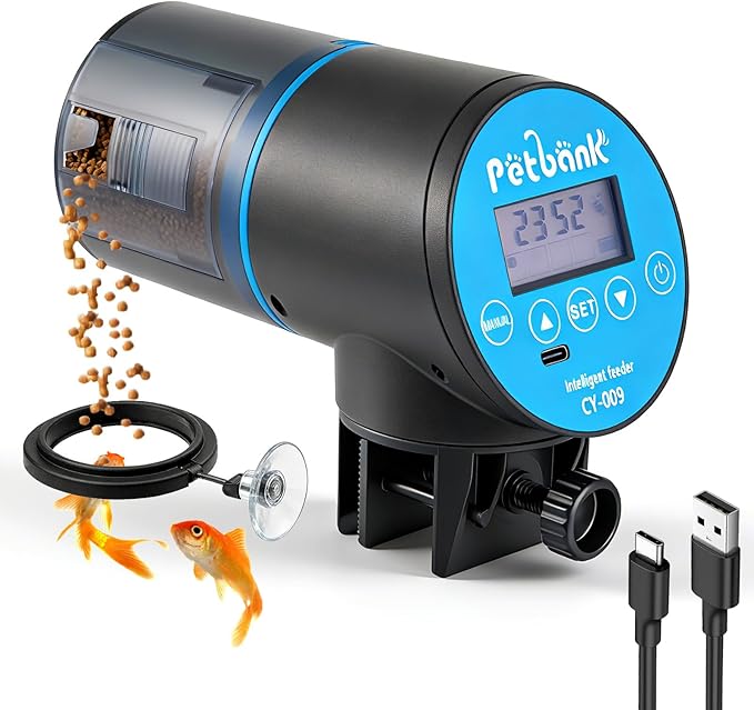 Automatic Fish Feeder for Aquarium - Rechargeable Fish Food Auto Dispenser Vacation Turtle Feeder with USB Charger Cable，LCD Screen, Customized Schedule (Blue)