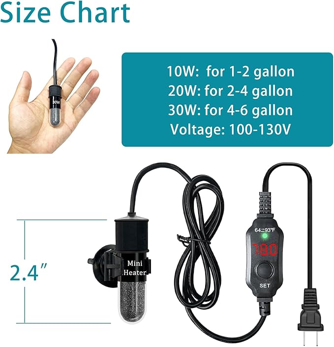 Mini Submersible Aquarium Heater, 25/30/50/100/150/200 Watts Adjustable Fish Tank Heater, Built-in Thermometer, External Temperature Controller, Smart Memory, Used for 1-60 Gallons (30W Plug)