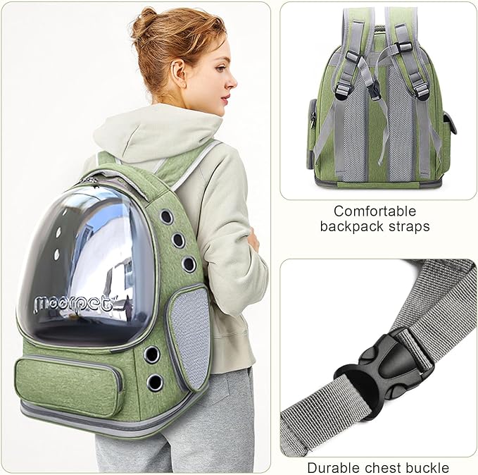 Cat Backpack Carrier, Breathable Cat Carrier Large Space Bubble Pet Backpack for Kitty Small Dog up to 20lbs, Transparent & Foldable Pet Carrier for Travel Hiking, Green